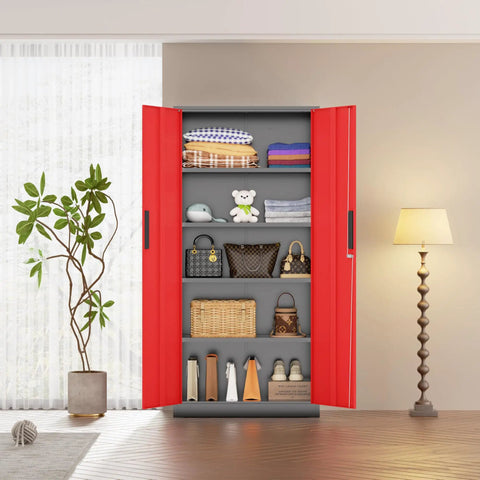 Beefy 72 Inch Heavy Duty Steel Garage Storage Cabinet With 900 Lb Capacity, 3 Point Locking System, Four Adjustable Shelves, Lockable Tall Storage for Garage Office or Warehouse, Black and Red opened with shelves and stored items
