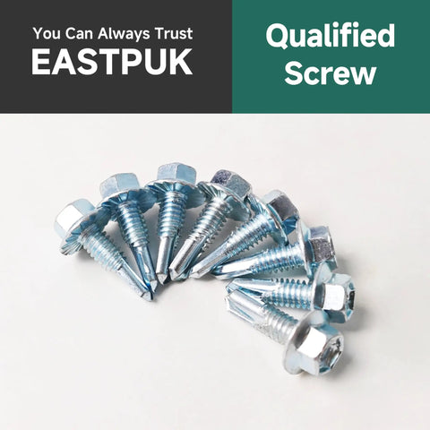 Heavy Duty Hex Head Self Tapping Screws 25 Pack 12 X 3/4 Inch Zinc Flanged Diamond Point arranged in a semi-circle.