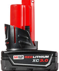 Twin Pack Of 3.0Ah Extended Capacity 12V Lithium Ion Batteries For M12 Tools With Flat Standing Base And Fuel Gauge High Run Time Easy Swap Heavy Duty Build Pro Grade Performance For Pro Jobs And DIY Projects showing one battery in upright position