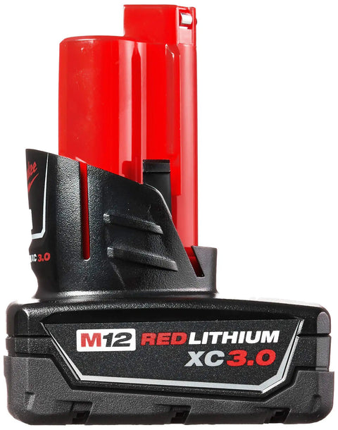 Twin Pack Of 3.0Ah Extended Capacity 12V Lithium Ion Batteries For M12 Tools With Flat Standing Base And Fuel Gauge High Run Time Easy Swap Heavy Duty Build Pro Grade Performance For Pro Jobs And DIY Projects showing one battery in upright position