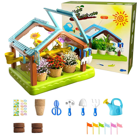 Kids Plant Growing Kit With Greenhouse And Grow Light Drip Irrigation System For Indoor Garden STEM Education Toy set displayed.