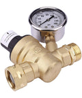 Brass RV water pressure regulator with gauge, 3/4-inch fittings, adjustable valve