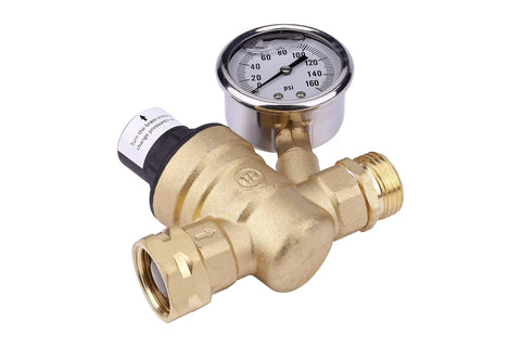 Brass RV water pressure regulator with gauge, 3/4-inch fittings, adjustable valve