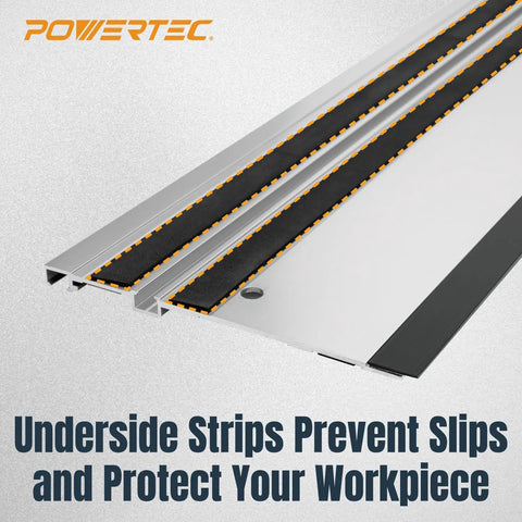 Nail Those Long Cuts With This Heavy Duty Track Saw Extension Kit Featuring Two Extruded Aluminum Guide Rails And Rock Solid Splice Connectors For Makita Or Festool Woodwork Projects showing underside strips to prevent slips.