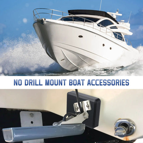 No Drill Transducer Mounting Kit with Adhesive Plate for 25mm Transducers shown attached to boat hull, includes no drill sensor mount.