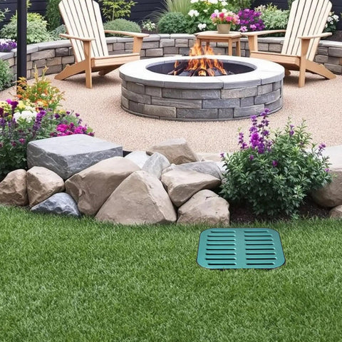 15.75 Inch Square Catch Basin With Grate And Debris Basket No Pre Cut Openings Outdoor Drain Box installed in lawn