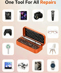 Knockout Precision Screwdriver Set Features Fifty Five Mini Bits Including Phillips Torx And Pentalobe For Phones Laptops Controllers Drones Eyewear And Electronics Plus A Slick Pocket Ready Storage Case You Can Easily Toss In Any Bag, displayed with various devices.