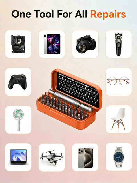 Knockout Precision Screwdriver Set Features Fifty Five Mini Bits Including Phillips Torx And Pentalobe For Phones Laptops Controllers Drones Eyewear And Electronics Plus A Slick Pocket Ready Storage Case You Can Easily Toss In Any Bag, displayed with various devices.