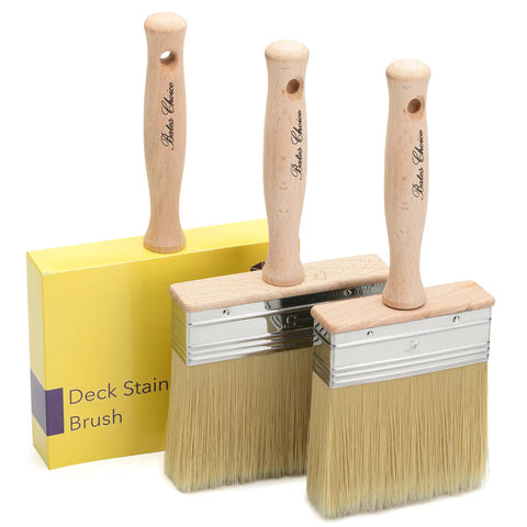 Deck Stain Brush Set 4, 5, And 6 Inch For Smooth Wood Stain Application, brushes with wooden handles and beige bristles