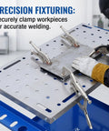 Hella Sturdy Carbon Steel Welding Table And Shop Ready Mobile Workbench 36 By 18 Inch showing clamps securing workpieces for welding.
