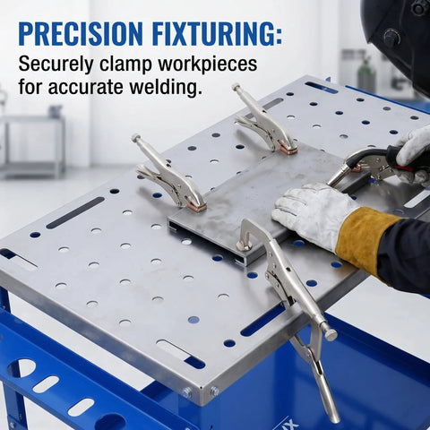 Hella Sturdy Carbon Steel Welding Table And Shop Ready Mobile Workbench 36 By 18 Inch showing clamps securing workpieces for welding.