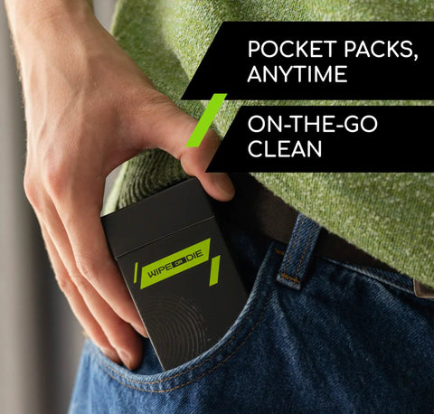 Streak Free Electronic Screen Wipes for Phones Tablets and Car Displays 150 Wipes in Five Pocket Size Packs being put in pocket