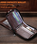 Genuine Leather Men's Wallet With Zipper, RFID Blocking, Vintage Vibe, Big Capacity With 14 Card Slots And 1 ID Window, Coffee