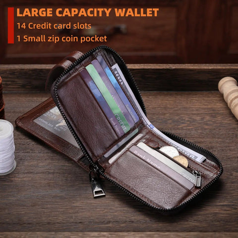 Genuine Leather Men's Wallet With Zipper, RFID Blocking, Vintage Vibe, Big Capacity With 14 Card Slots And 1 ID Window, Coffee