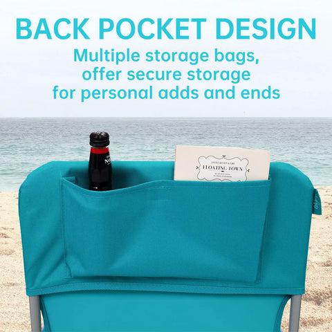 Grab And Go Lightweight Folding Beach Chair For Adults With Back Pocket and High Back Cyan on Beach