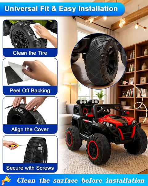 Heavy Duty Anti Slip Rubber Tire Grip Upgrade Kit For Kids Electric Cars demonstrates easy installation on plastic wheels indoors.