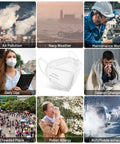 Collage showing environments where 30 Pack KN95 Face Masks Individually Packed For Safe Everyday Use Five Layer Cup Design With Breathable Comfort And All Day Snug Fit Ninety Five Percent Filtration For Adults Men Women High Quality Disposable Masks are beneficial, including air pollution, hazy weather, and crowded places.