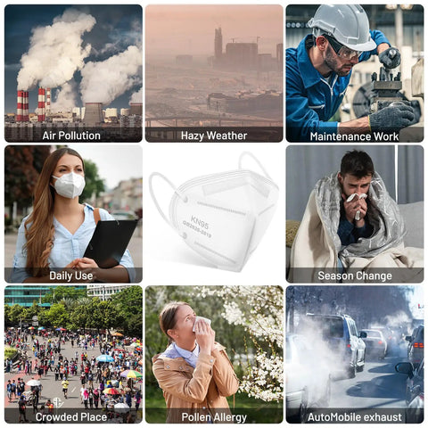 Collage showing environments where 30 Pack KN95 Face Masks Individually Packed For Safe Everyday Use Five Layer Cup Design With Breathable Comfort And All Day Snug Fit Ninety Five Percent Filtration For Adults Men Women High Quality Disposable Masks are beneficial, including air pollution, hazy weather, and crowded places.