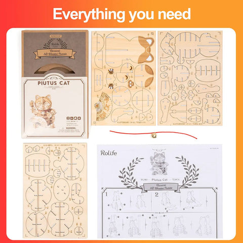 3D Wooden Puzzle Lucky Cat DIY Wood Craft Model Kit For Teens And Adults Easy To Build Fun Family Project No Brainer STEM Craft Gift Beginner Friendly Hands On Home DIY Kit, wooden pieces and instructions