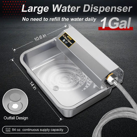 Hassle Free One Gallon Automatic Dog Water Dispenser Stainless Steel Self Filling Bowl with connector and design details.