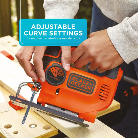 Hands using powerful 5 Amp corded jig saw with 3000 bpm blade speed, focusing on three quarter inch orbital action and curve settings.
