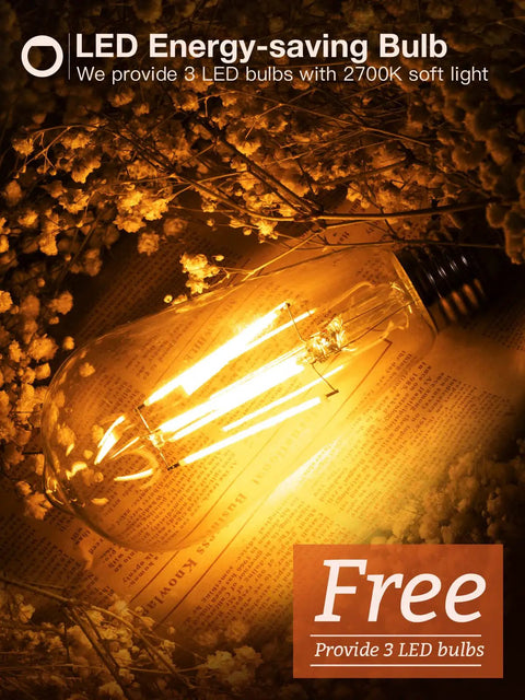 2700K soft light LED bulb glowing warmly among dried flowers and text about free bulb offer