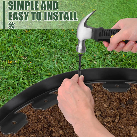 Installing 1.5 Inch Tall Landscape Edging 100 Ft No Dig Garden Border In Black with a hammer and anchoring spike