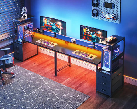 59 Inch Gaming Desk With LED Lighting, Reversible Computer Desk With Storage Shelves And Monitor Stand, Black Modern Gamer Table