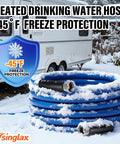 Tsinglax 30ft blue heated water hose coiled in snow beside an RV, with metal fittings