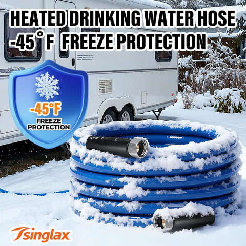 Tsinglax 30ft blue heated water hose coiled in snow beside an RV, with metal fittings