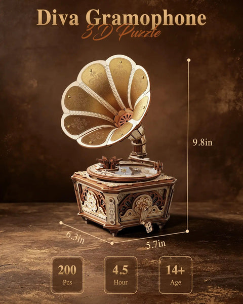 3D Wooden Phonograph Puzzle Kit for Adults, Diva Mechanical Music Box Model to Build, No Batteries Needed, Vintage Wooden Puzzle for Home Decor, DIY Craft Gift for Birthday and Collectors; 9.8in