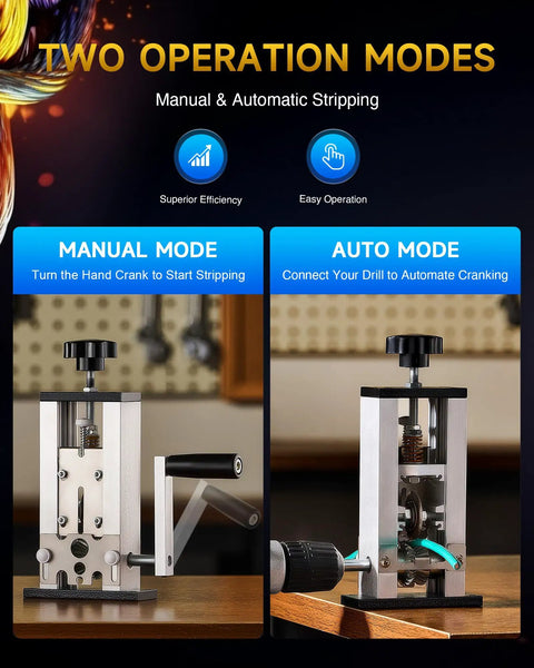 Heavy Duty Manual Wire Stripper Machine With Power Drill Adapter For Scrap Copper Cable, showing manual and auto modes for easy use.