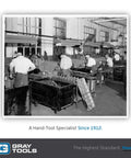Vintage photo of workers in Gray Tools factory, hand-tool specialist since 1912, showcasing early manufacturing environment.