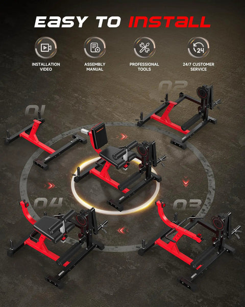 Go-To 3-In-1 Leg Extension Curl Machine For Home Gym with instruction icons showing assembly, tools, and customer service.