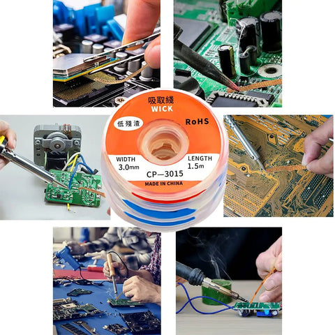 10 Pack Pro Grade No Clean Solder Wick Desoldering Braid With Flux For PCB Repairs, images of wicks and desoldering on circuit boards.