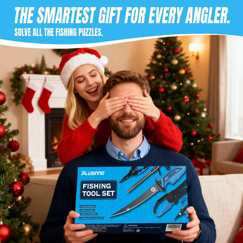 Festive scene with a couple and a 7 Piece Fishing Tools Kit With Corrosion Resistant Pliers Floating Lip Gripper Fishing Knife And Line Cutter The Must Have Angler Gear For Men Gifts For Fishermen.