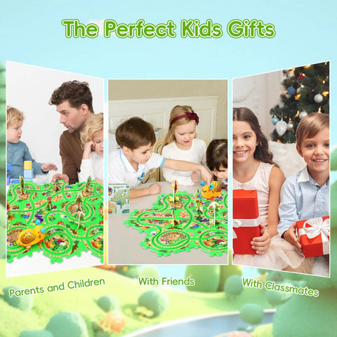 Children playing with Puzzle Racer Car Track Set For Kids Ages 3 To 8 With 10 Puzzle Tracks Snail Car And Road Sign Pieces.