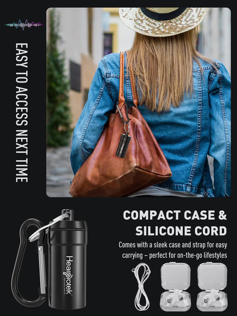 Two Pairs High Fidelity Concert Ear Plugs Reusable Noise Reduction For Musicians And Showgoers Soft Hearing Protection Petite Size, shown with carrying case and cord on a brown leather bag.