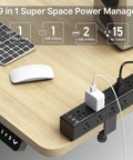 15 Outlet Desk Clamp Power Strip With Widely Spaced Outlets And 6 Ft Flat Plug Surge Protector attached to wooden desk edge