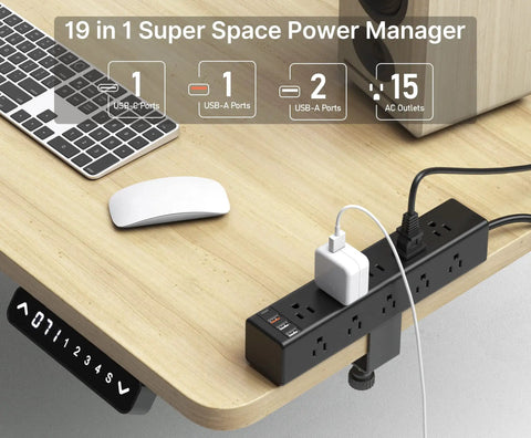 15 Outlet Desk Clamp Power Strip With Widely Spaced Outlets And 6 Ft Flat Plug Surge Protector attached to wooden desk edge
