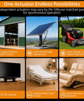 Heavy Duty 12V Linear Actuator Pumps Out 1500N Thrust With Slick 12 Inch Stroke For Bed Lifts Solar Mounts And Medical Equipment image collage showcases various applications.