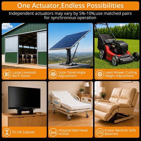 Heavy Duty 12V Linear Actuator Pumps Out 1500N Thrust With Slick 12 Inch Stroke For Bed Lifts Solar Mounts And Medical Equipment image collage showcases various applications.