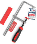 Built Tough Heavy Duty F Clamps Pack A Knockout 630 Pound Grip With Extra Thick Rubber Pads, metal with red rubber handle.