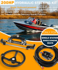 200HP Hydraulic Outboard Steering Kit with steering wheel, helm pump, hydraulic cylinder, and 26 ft PU hoses for boats