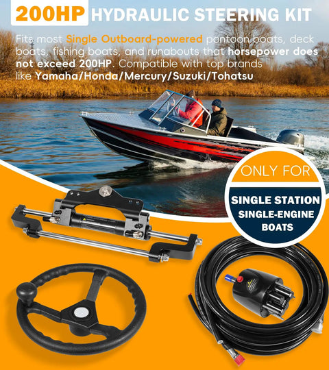 200HP Hydraulic Outboard Steering Kit with steering wheel, helm pump, hydraulic cylinder, and 26 ft PU hoses for boats