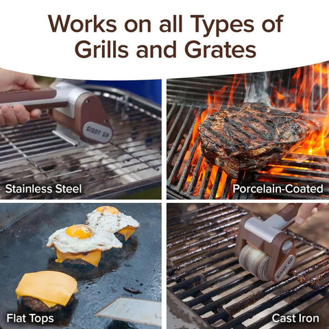 Giddy Up Grill Cleaner Cordless BBQ Scrubber in use on stainless steel and cast iron grills, cooking steak, eggs, and burgers.