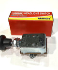 Universal Two Position Push Button Headlight Switch With OFF Parking Lamp And Headlight Modes Beefed-Up Heavy Duty 12V 24V Vehicle Switch 10A At 12V And 6.6A At 24V Fits Cars Trucks Buses Tractors AM 710C, black metal switch with box