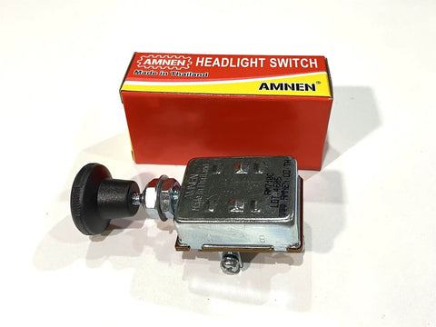 Universal Two Position Push Button Headlight Switch With OFF Parking Lamp And Headlight Modes Beefed-Up Heavy Duty 12V 24V Vehicle Switch 10A At 12V And 6.6A At 24V Fits Cars Trucks Buses Tractors AM 710C, black metal switch with box