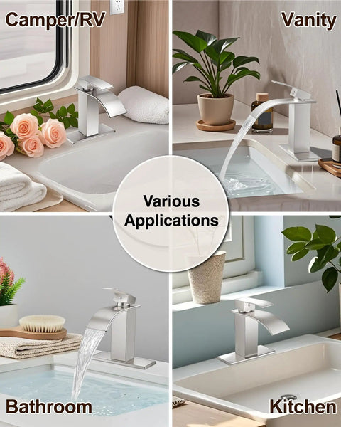 Various applications of Waterfall Bathroom Faucet In Brushed Nickel 1 Or 3 Hole Deck Mount SUS304 Stainless Steel Sink Tap.