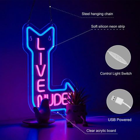 Neon Sign Wall Decor For Man Cave Bar Hangout Beer Lover Vibes LED Neon Light With Dimmer Flexible Silicone Strip On Clear Board USB Powered 15 X 13 Inch Sign For Bedroom Office Pub with 'Live Nude' text in blue-pink on clear board